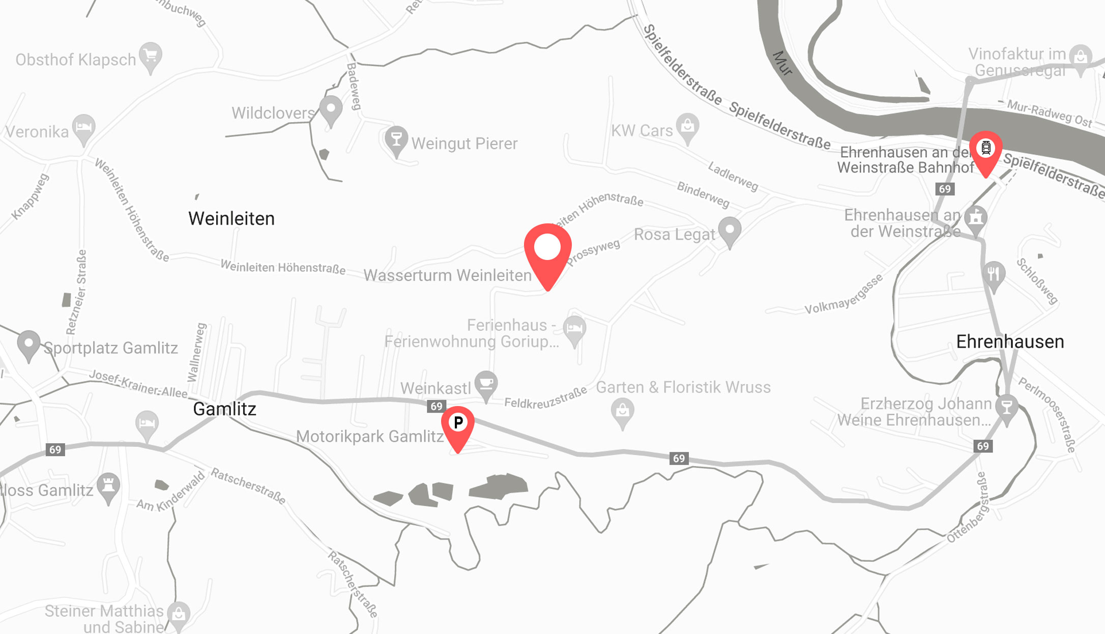 Map-Karte Gamlitz Ehrenhausen Wasserturm Weinleiten Parkplaetze Bahnhof